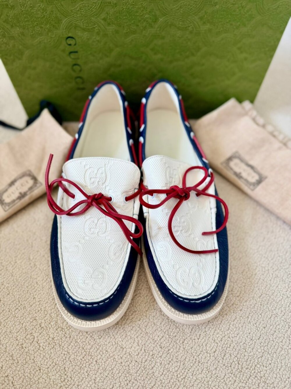 GUCCI Men's Red White Blue GG Embossed Loafers - size 11.5